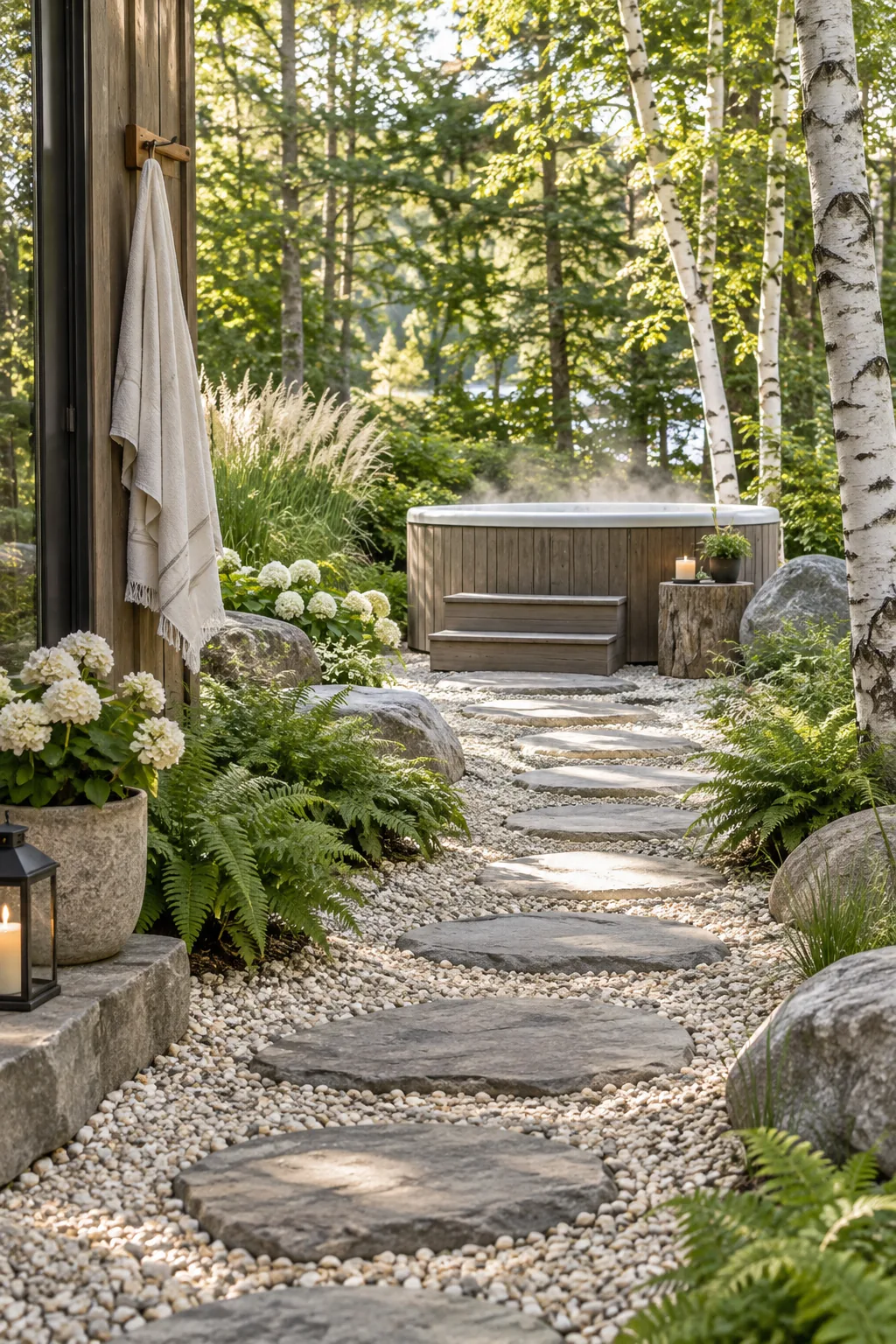 Oversized flagstone and gravel pathway leading to a backyard hot tub