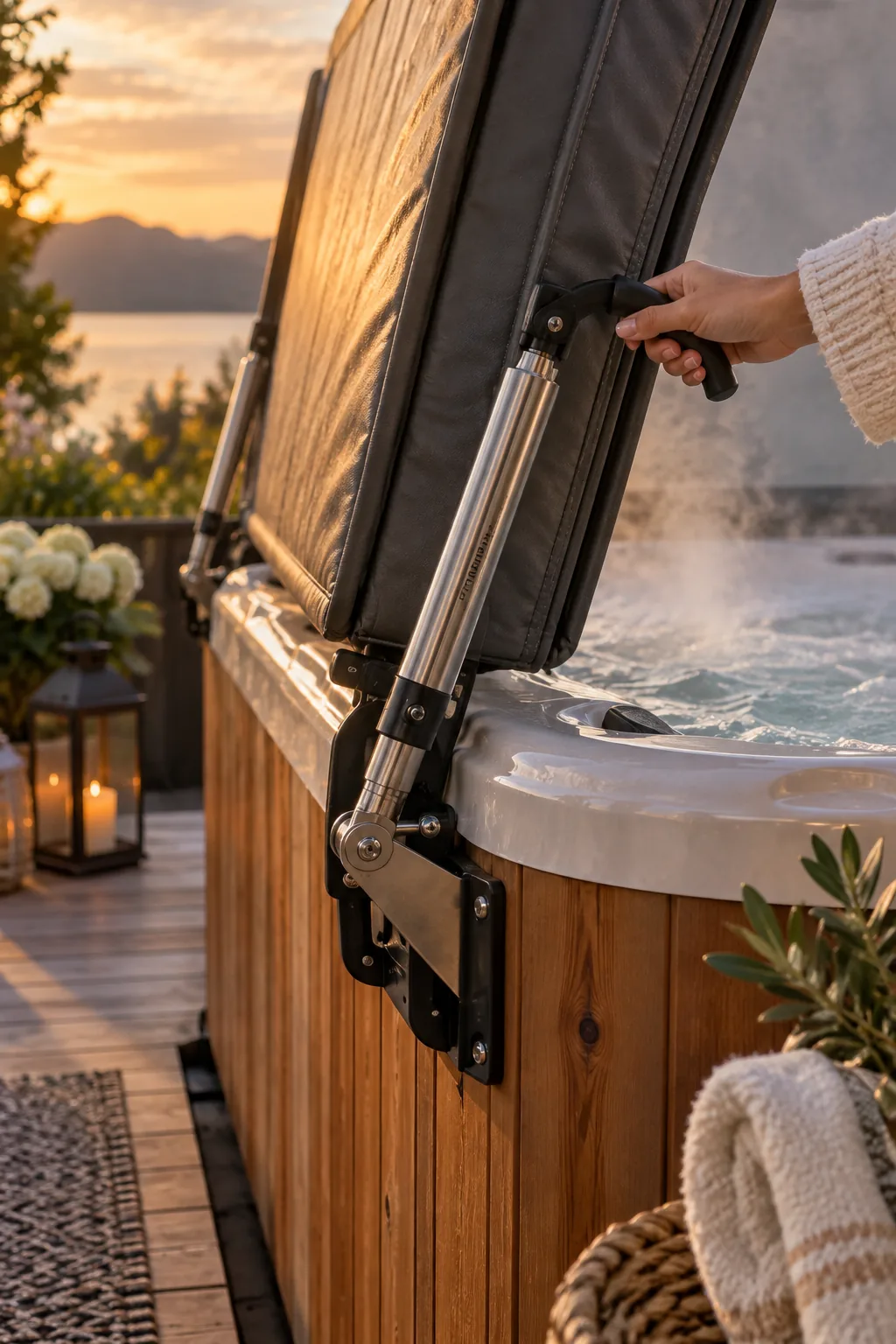 Black hot tub with a hydraulic cover lifter holding the folded vinyl cover