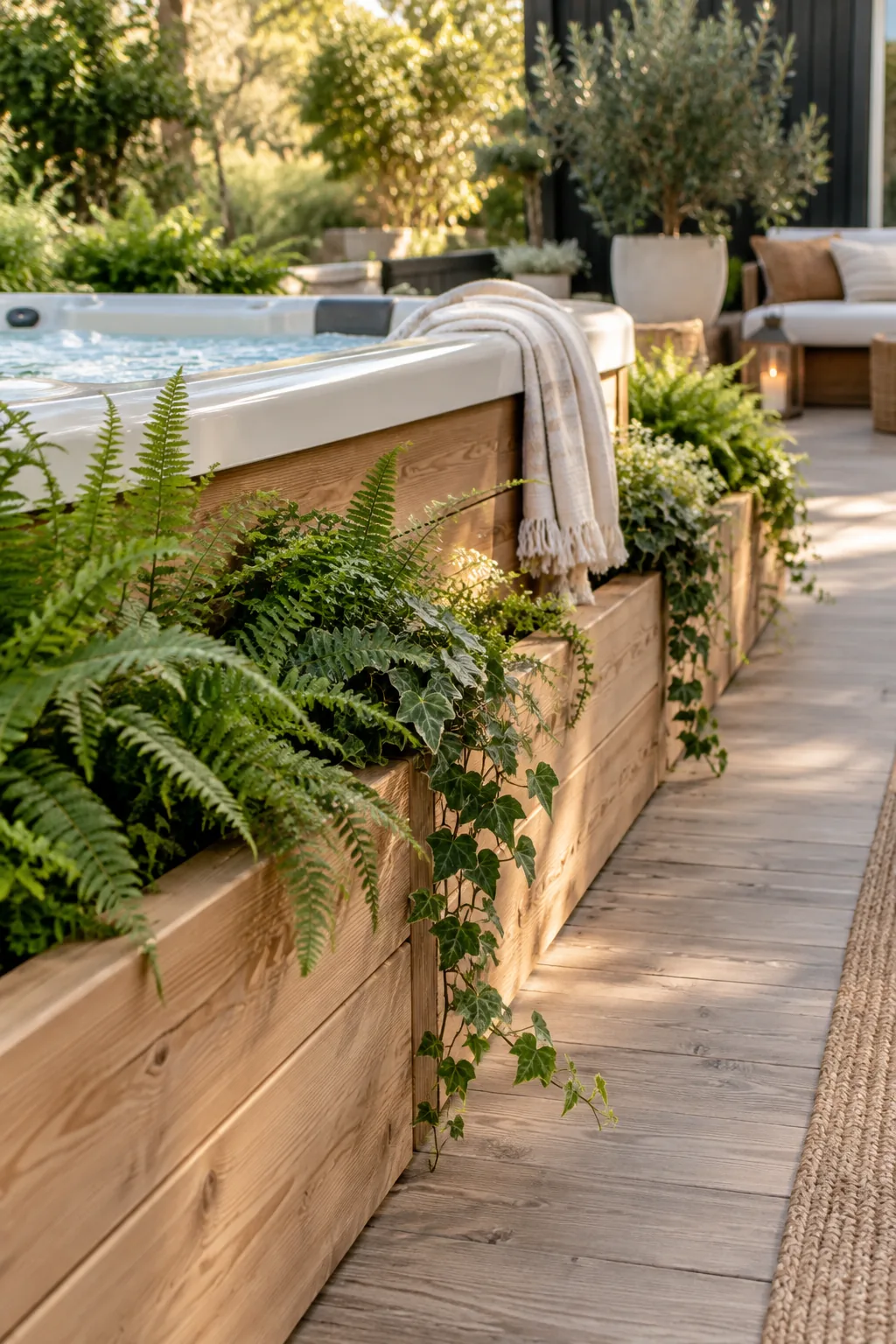 Wooden planter boxes filled with lush ferns wrapping around the base of a hot tub