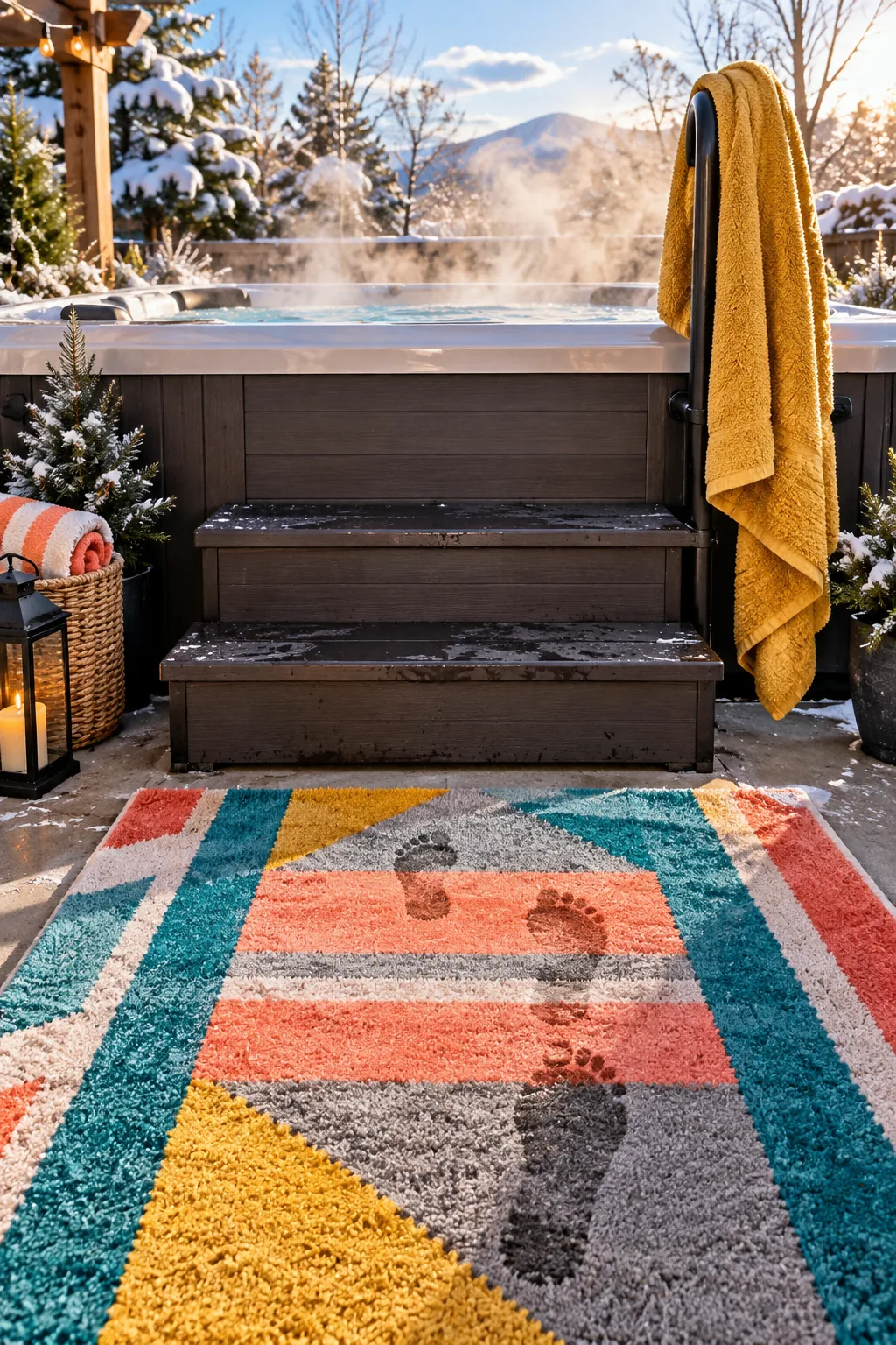 Thick outdoor polypropylene area rug placed at the wooden steps of a hot tub