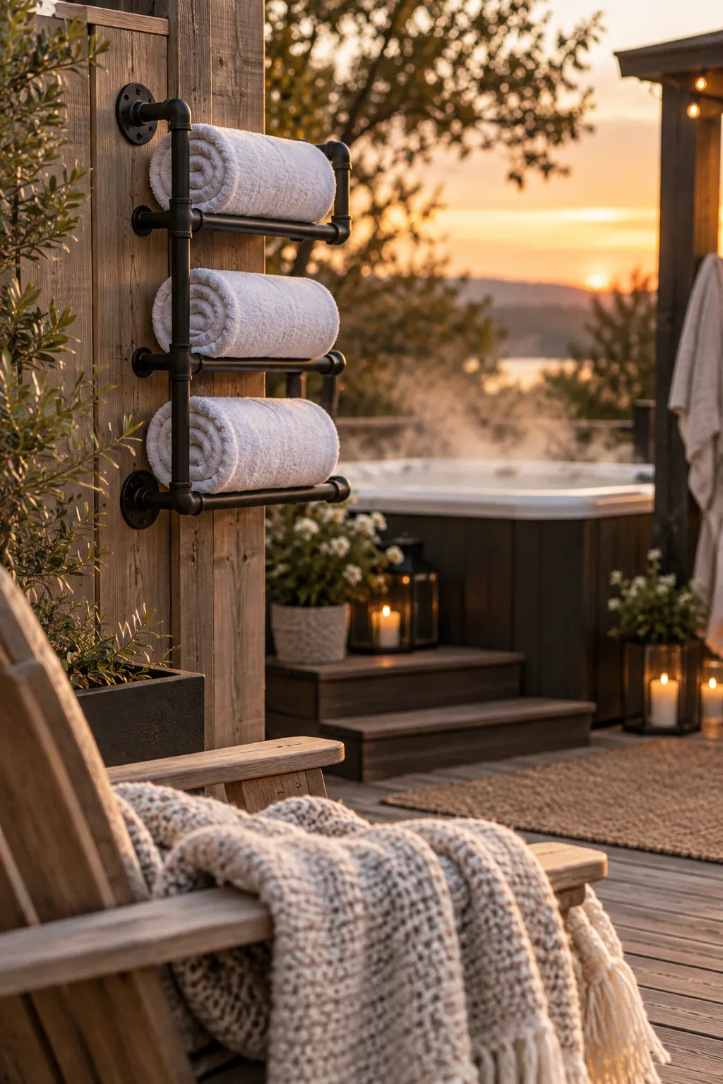 Rolled white towels on a black iron pipe towel rack mounted to a wooden fence