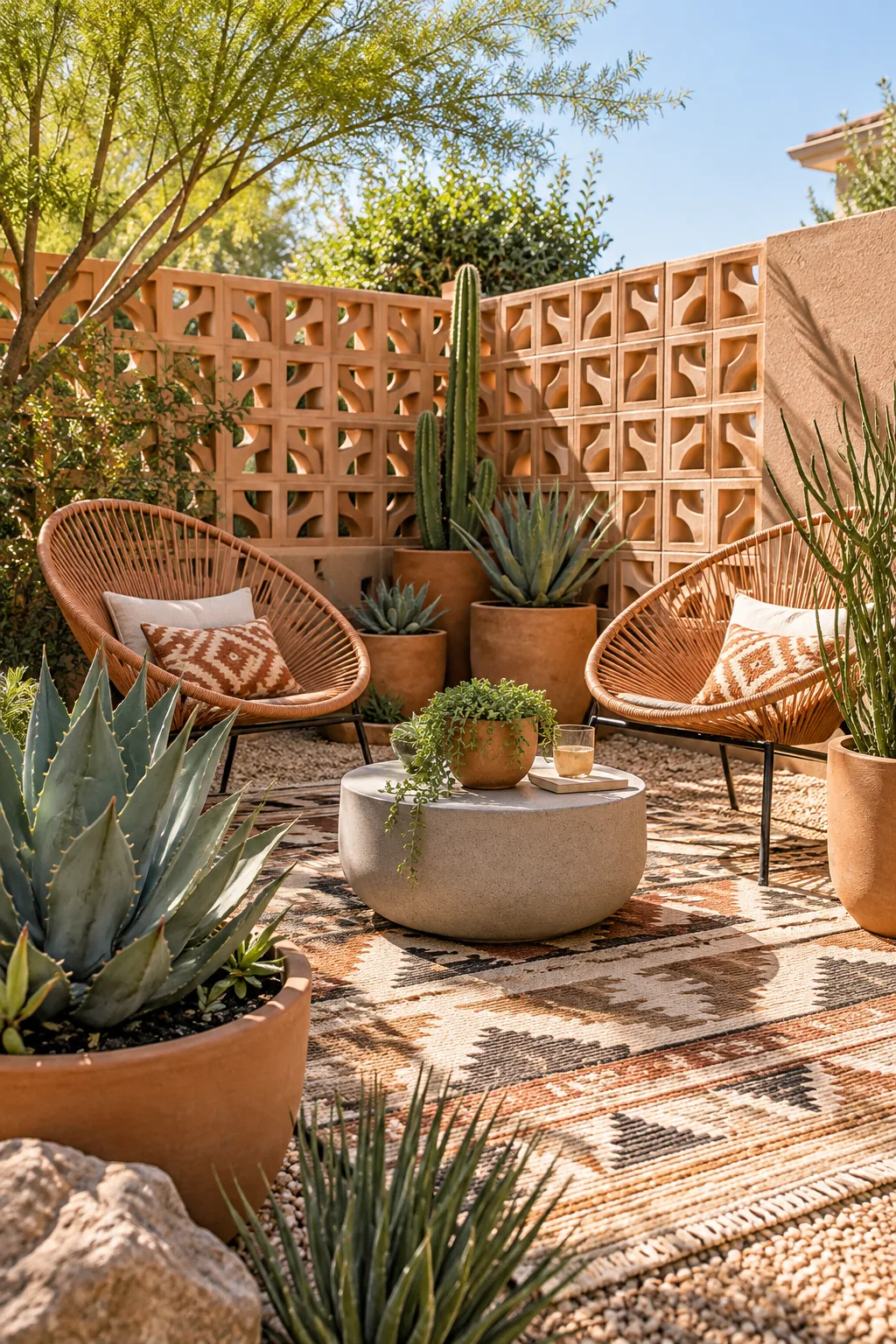 A desert modern outdoor corner lounge with a breeze block wall, Acapulco chairs, and agave plants.