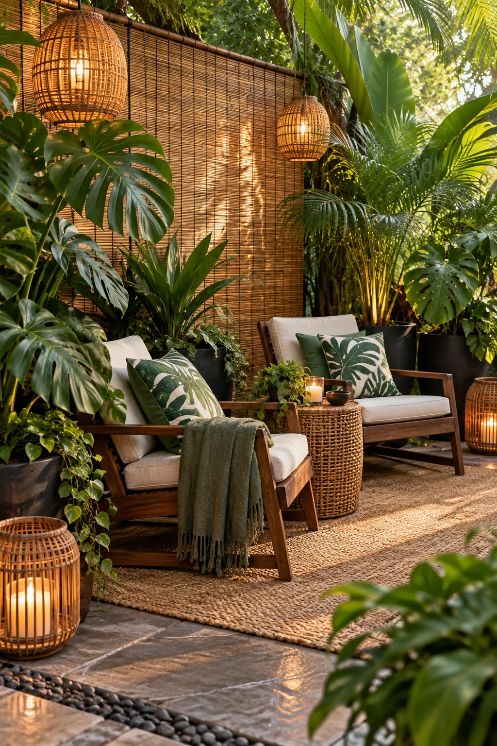 A tropical outdoor lounge corner with a bamboo screen, teak chairs, and large monstera plants.