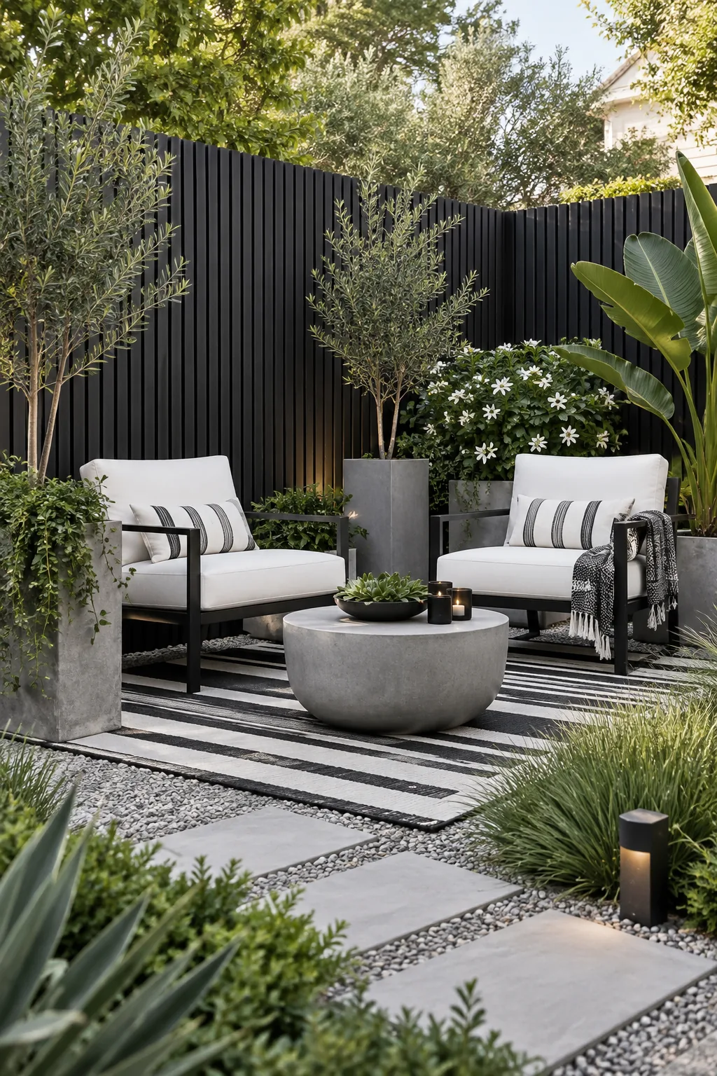A minimalist black and white outdoor lounge with a black vertical slat screen and white chairs.