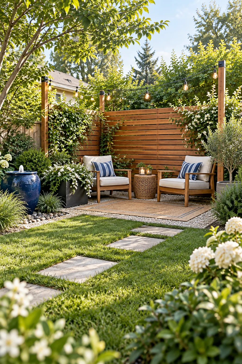 Wide view of a finished outdoor lounge area nestled into a green backyard corner.