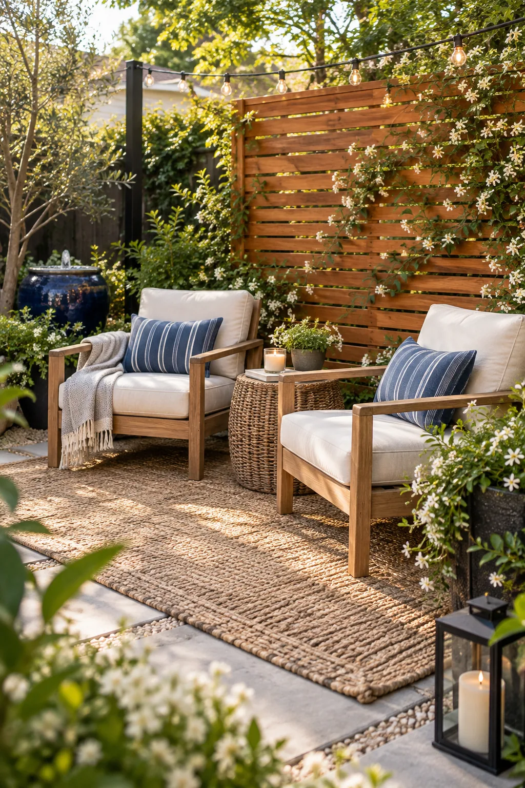 Horizontal cedar slats forming a privacy wall behind two outdoor lounge chairs with blue striped pillows.