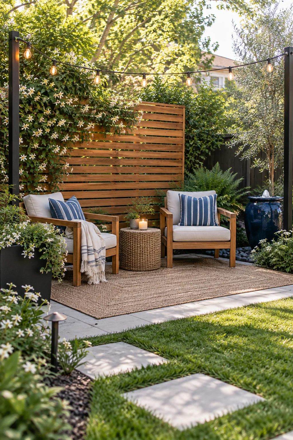 Two wood-framed outdoor chairs and a small side table arranged on a woven outdoor rug.