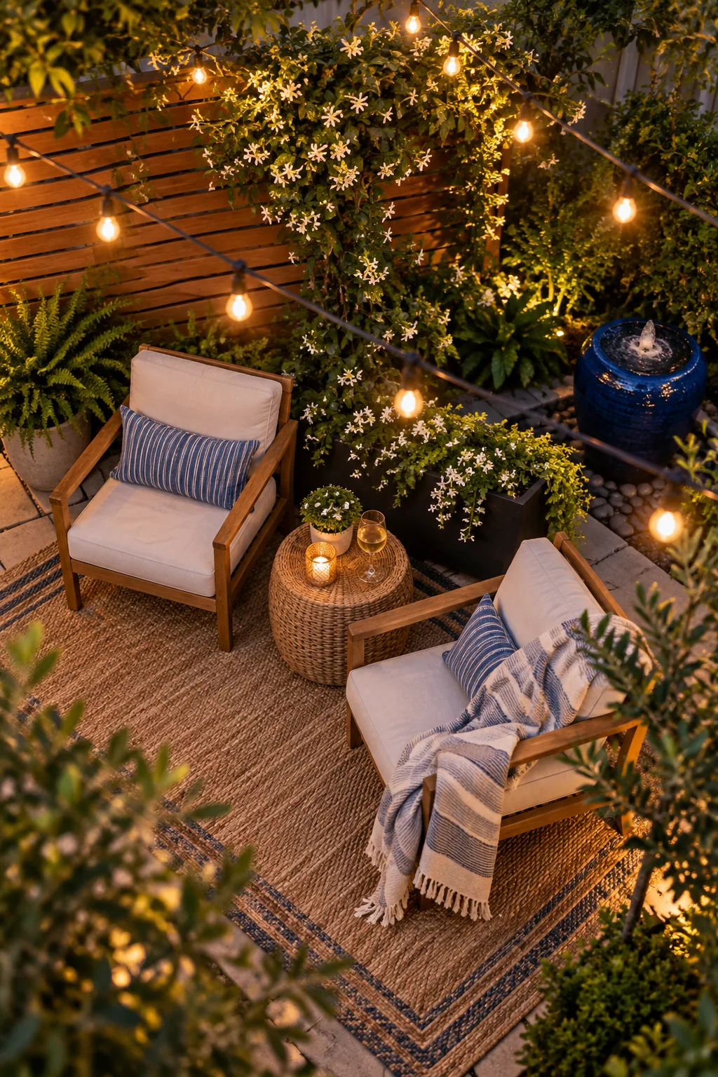 White star jasmine flowers blooming in a dark planter beside a wooden chair armrest.