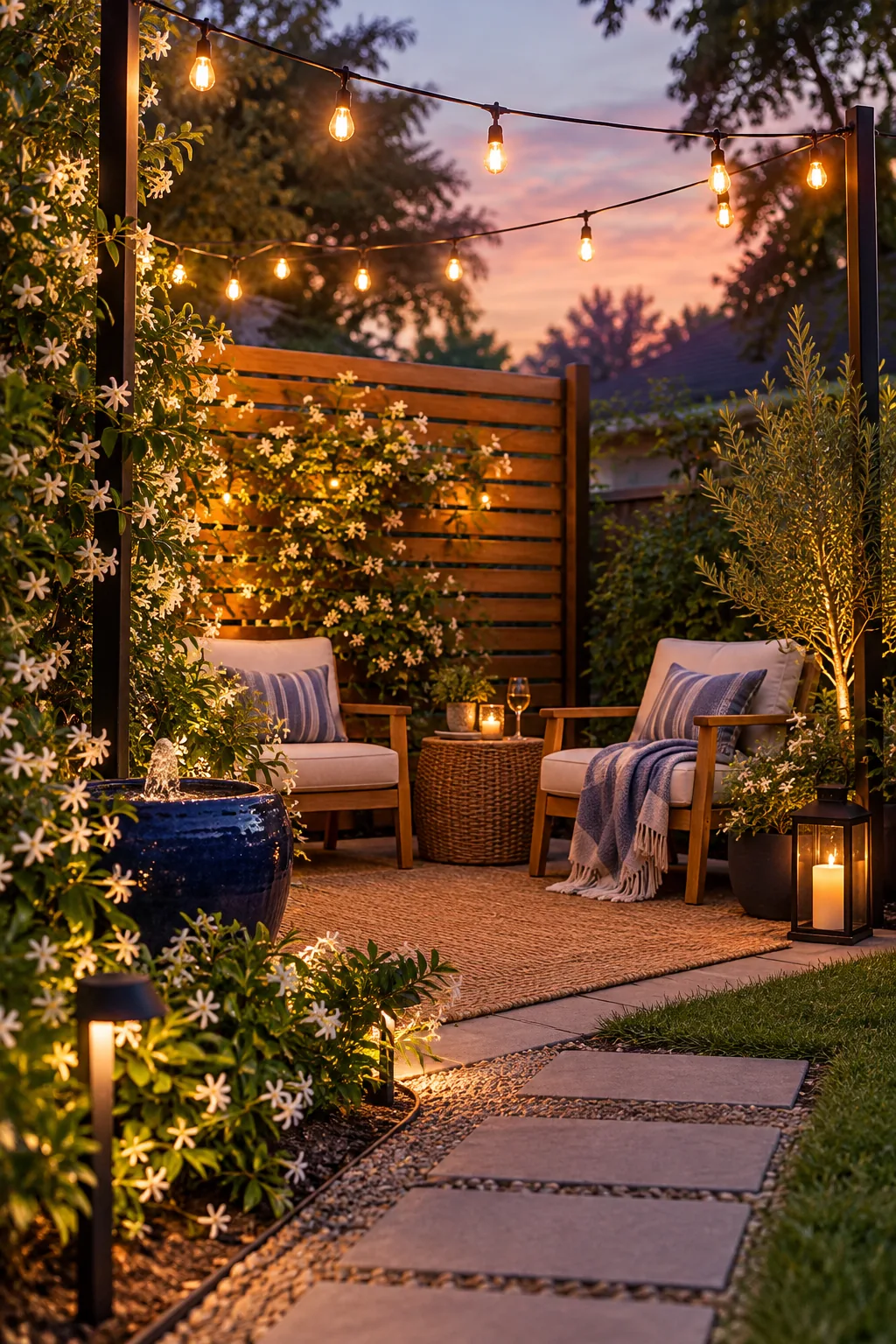 Warm string lights glowing over a cozy outdoor seating area at twilight.