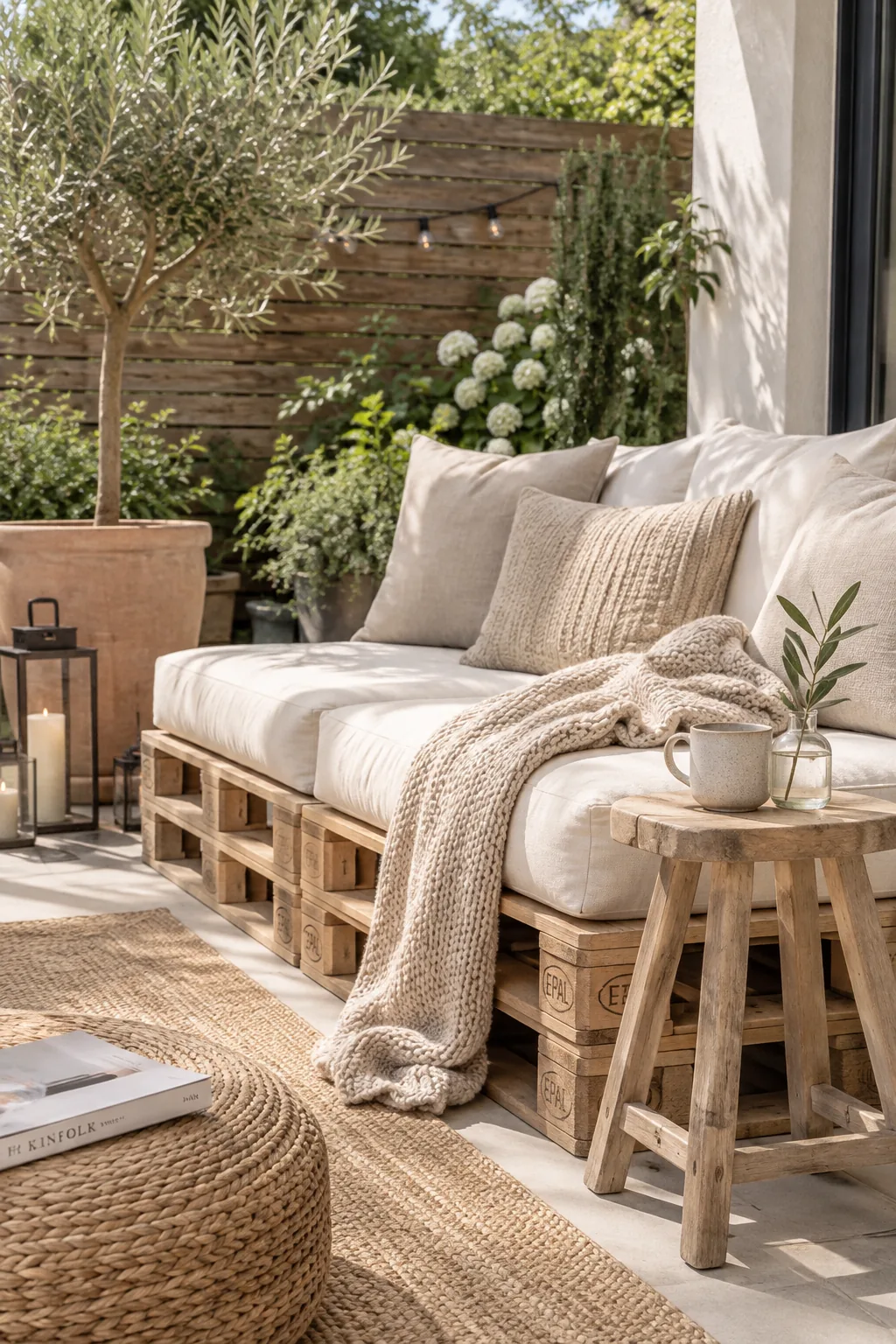 A black painted wooden pallet sofa with cream cushions on a patio.
