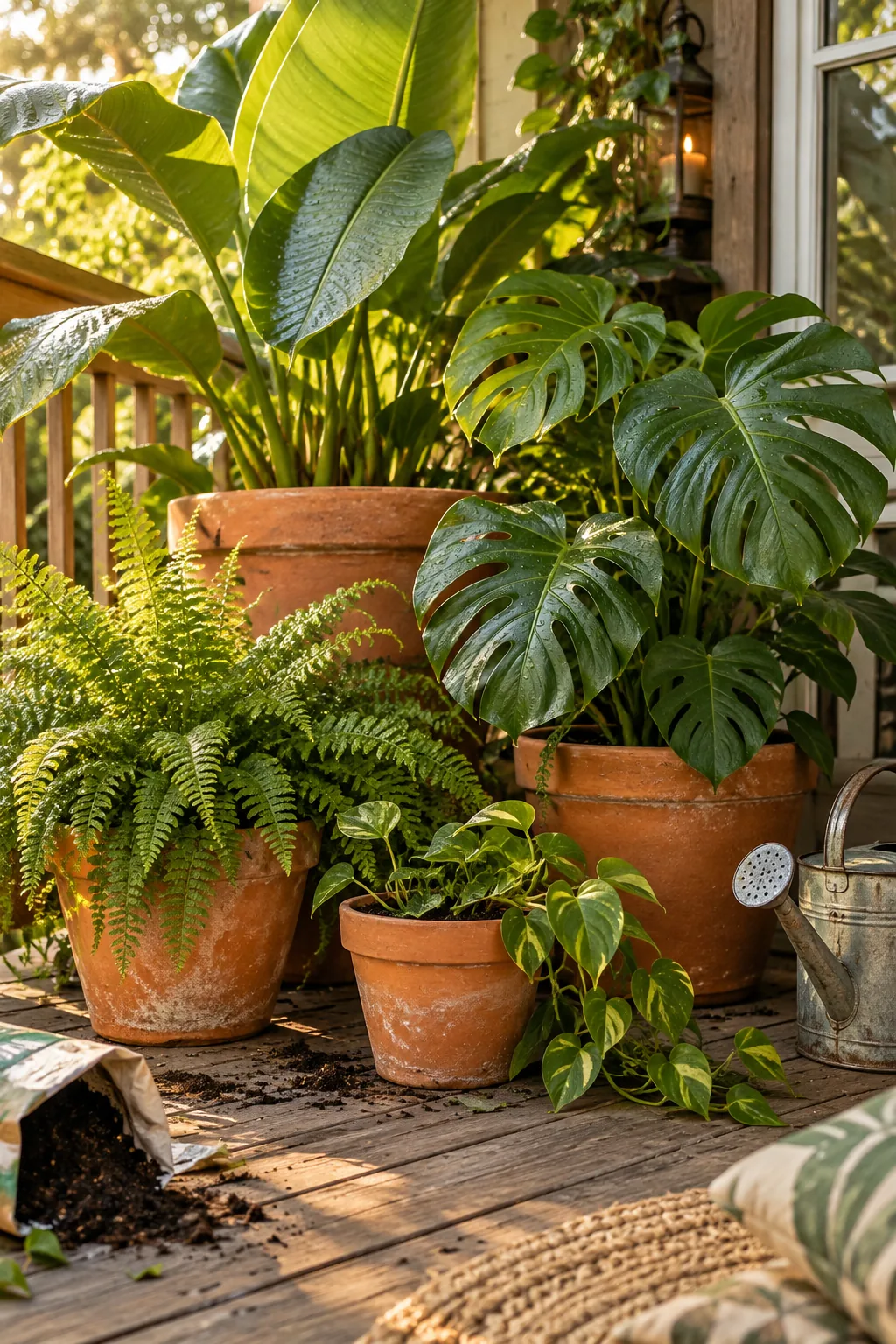 Three varying height terracotta pots filled with grasses and vines in a deck corner.