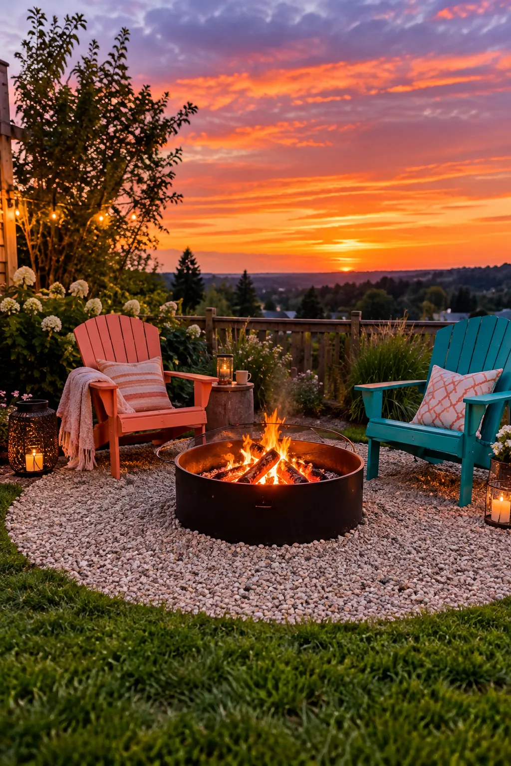 A circular pea gravel area with a black metal fire ring in the center of a lawn.