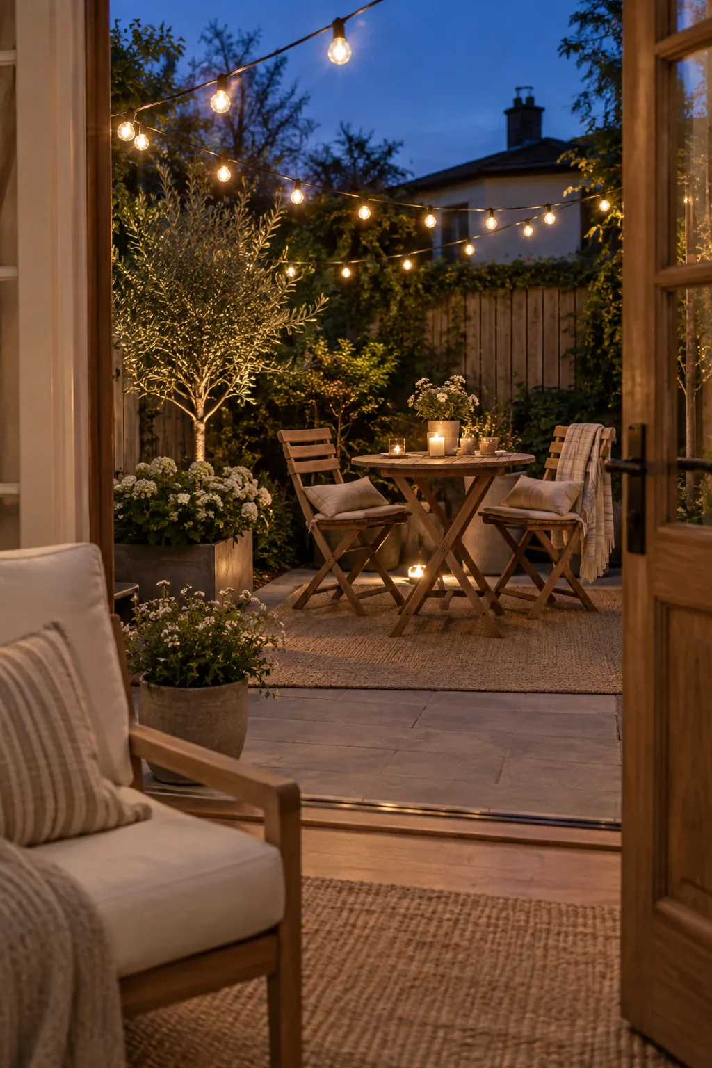 Heavy-duty string lights zig-zagging over an outdoor dining table at dusk.