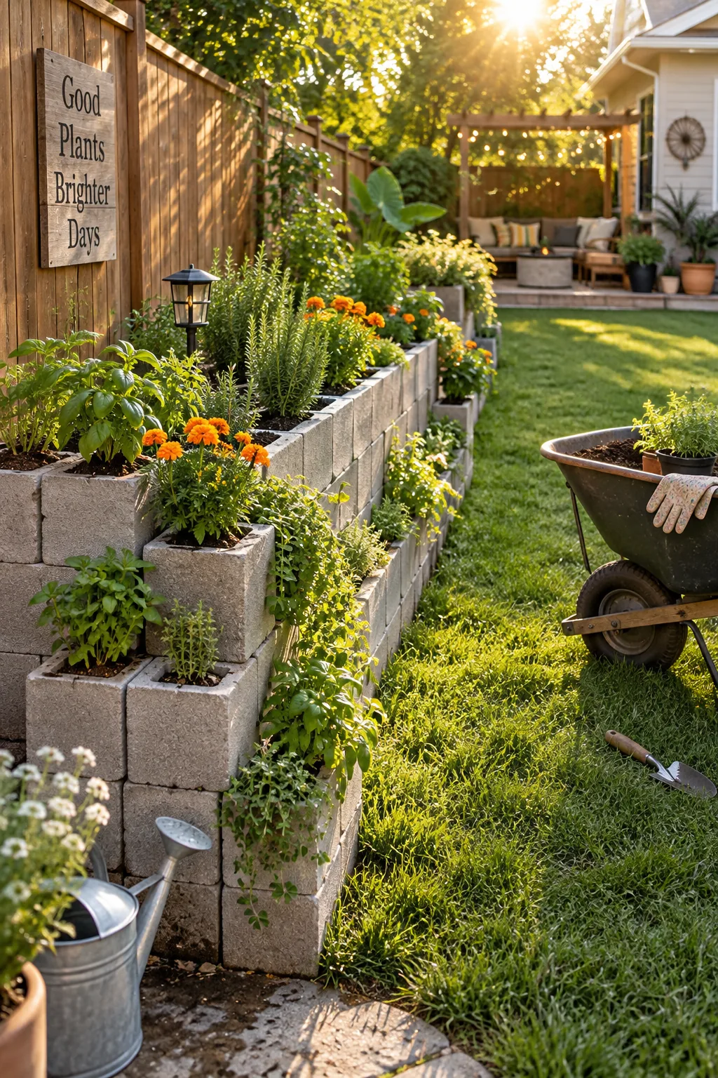 Gray cinder blocks stacked into a modern raised garden bed.