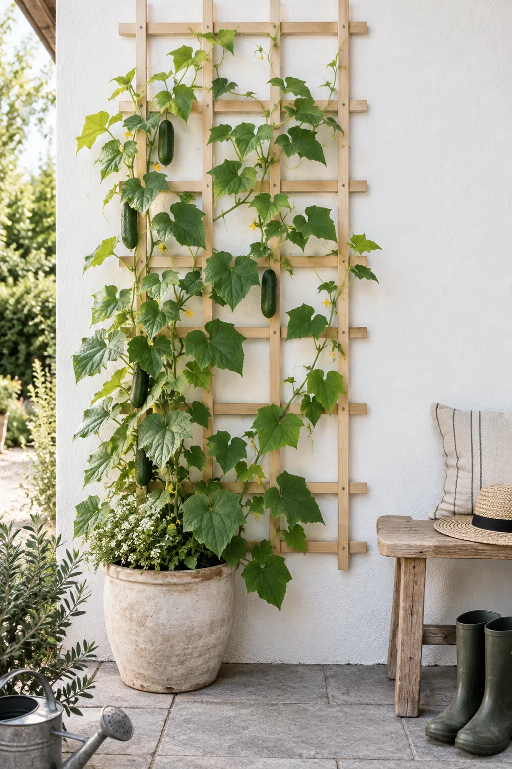 A tall wooden grid trellis leaning against a house with climbing roses.