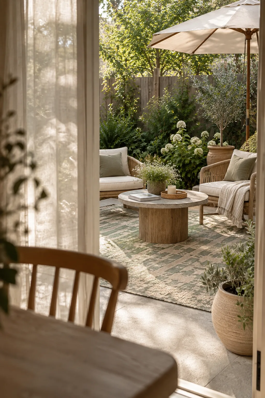 A large patterned outdoor rug covering a concrete patio under a seating area.