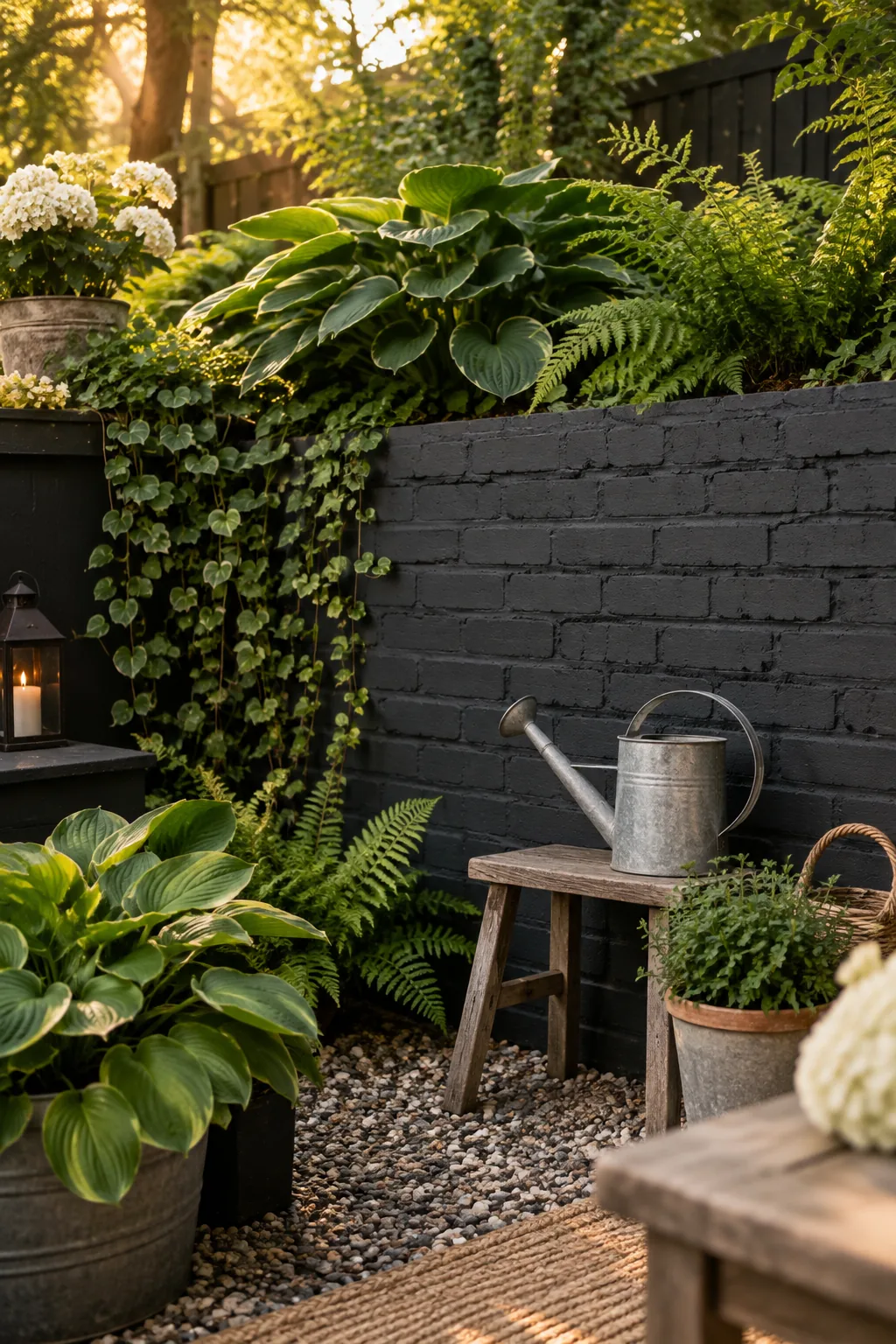 A low brick retaining wall painted flat charcoal gray next to green plants.