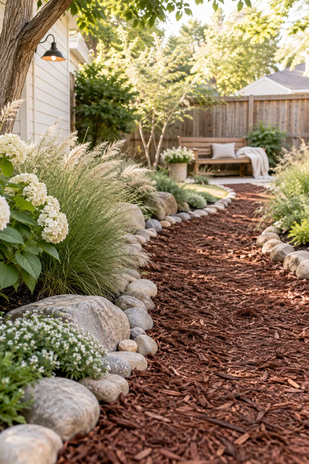A winding cedar mulch path edged with river rocks through a garden.