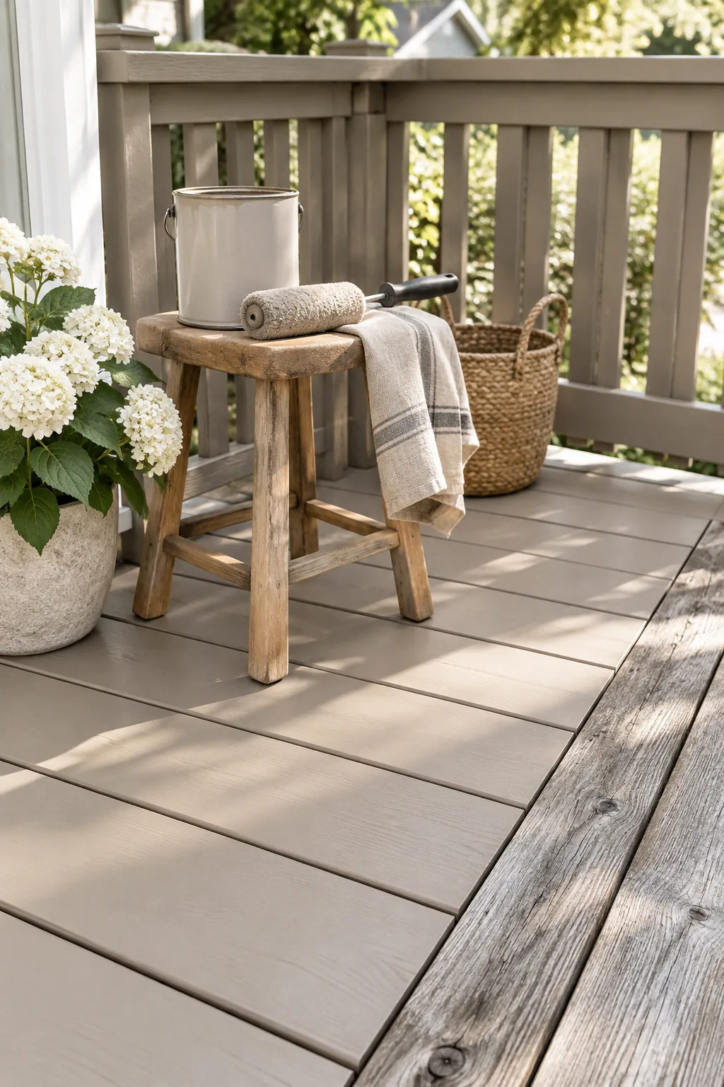 A freshly stained dark brown wooden deck looking like new.