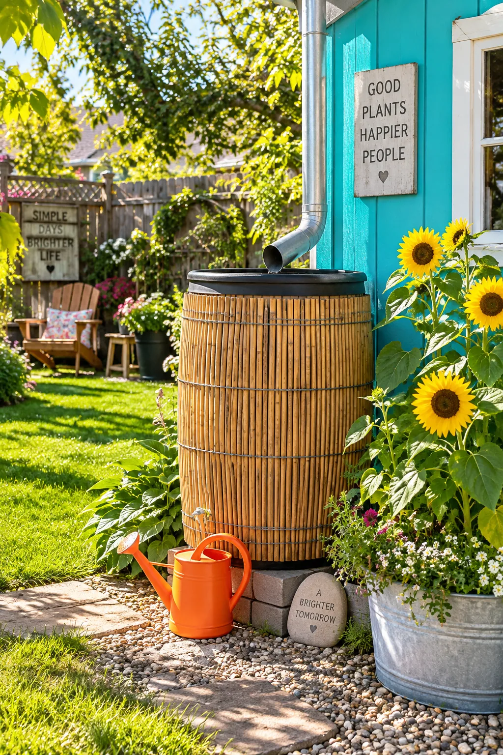 A plastic water barrel wrapped in bamboo fencing secured with wire.