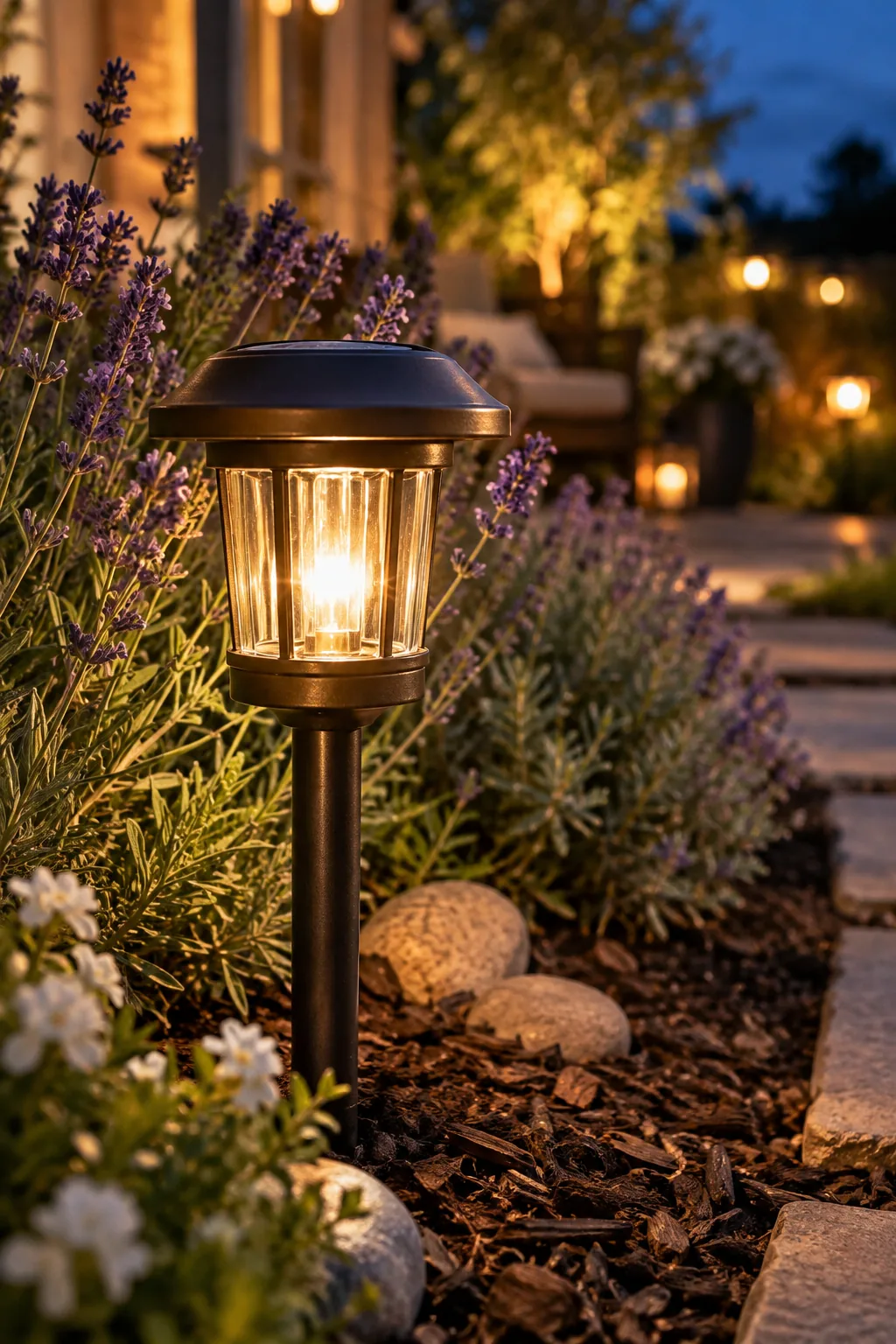Warm white solar stake lights illuminating a garden path at night.