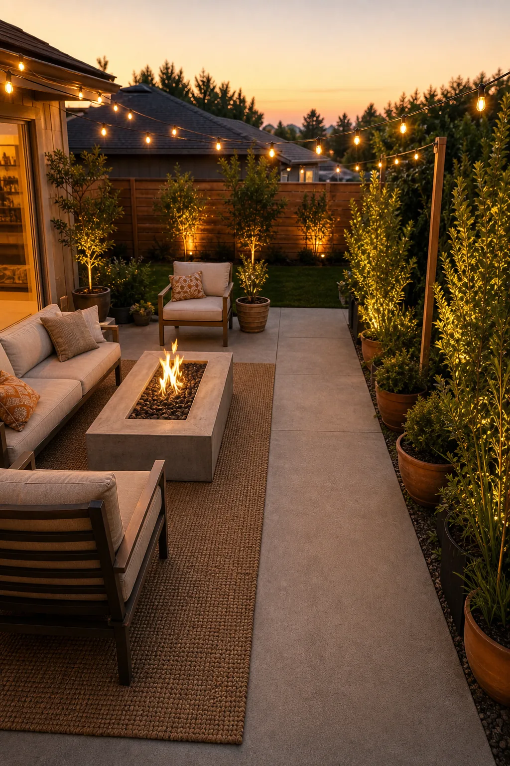 Straight concrete pathway running alongside an outdoor sofa and fire pit.