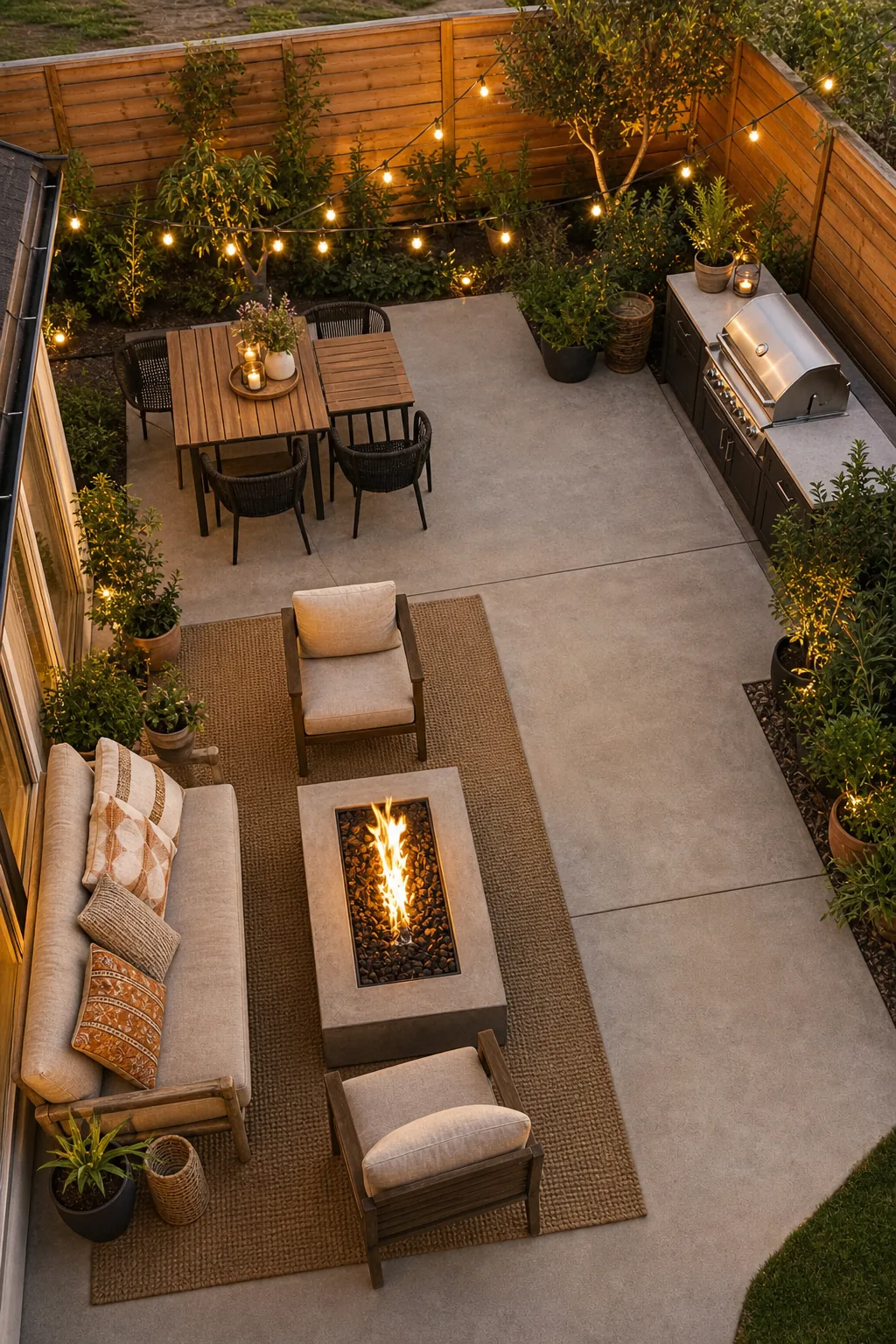 Aerial view of a patio separated into seating, dining, and cooking areas.