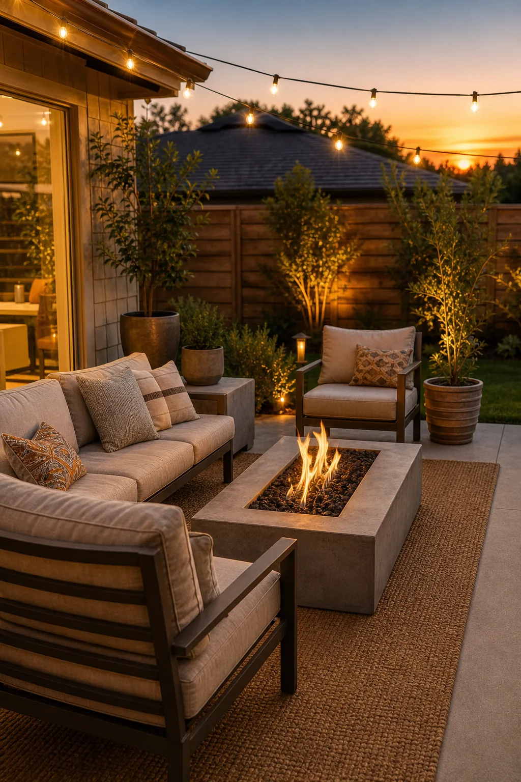 Outdoor sofa and two armchairs arranged around a square concrete fire pit.