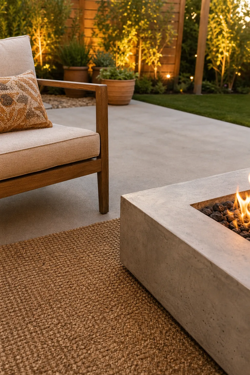 Measuring distance between a patio chair and a glowing fire pit.