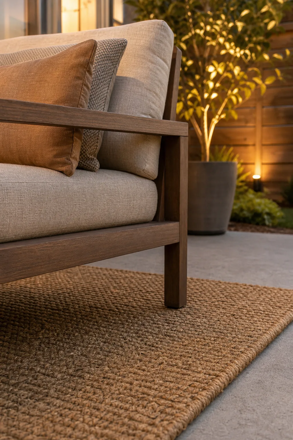 Front legs of an outdoor sofa positioned on the edge of a brown outdoor rug.