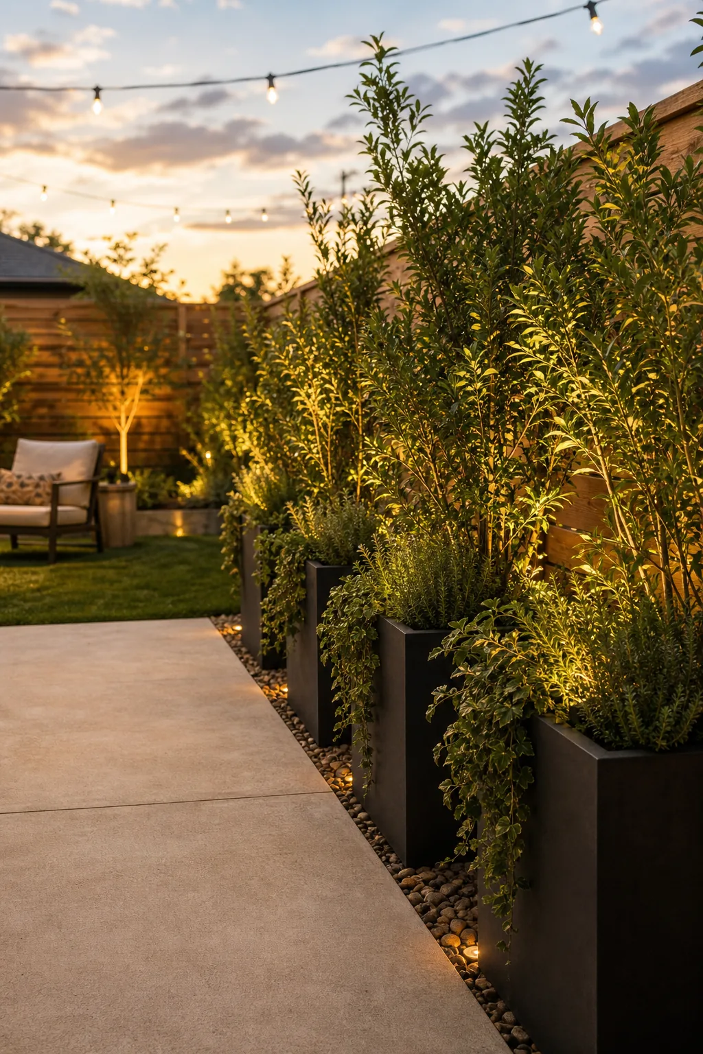 Row of tall potted plants creating a green border along a patio edge.