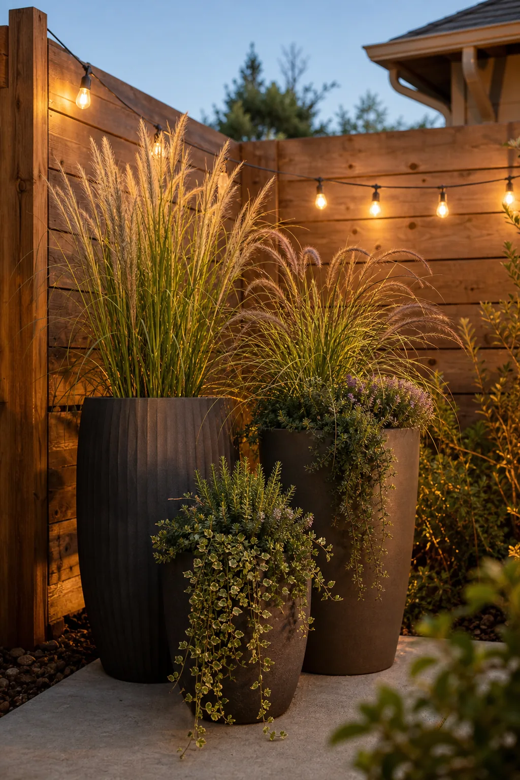 Three different sized planters grouped together with grasses and vines.