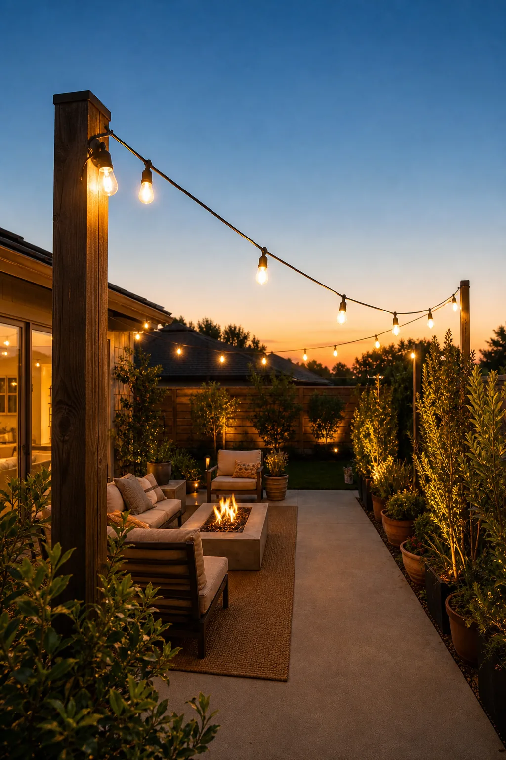 String lights suspended from a wooden post over an outdoor patio at dusk.
