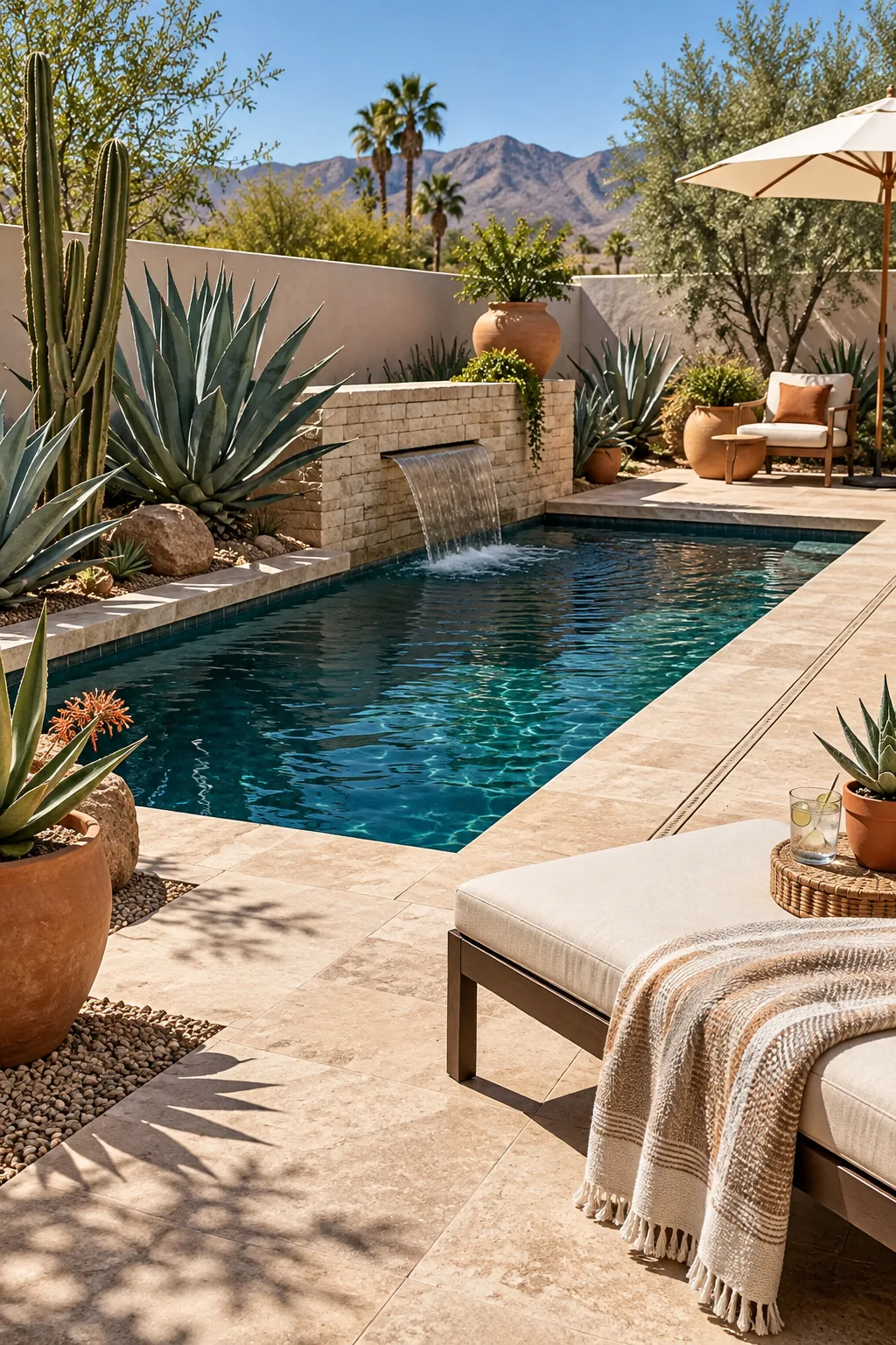 Small plunge pool surrounded by sandstone decking and terracotta pots with agave.