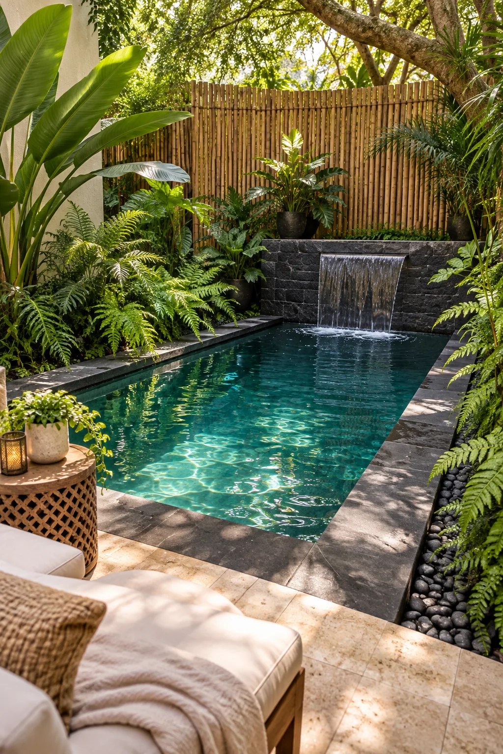 Dark stone plunge pool enclosed by a bamboo screen and lush tropical ferns.