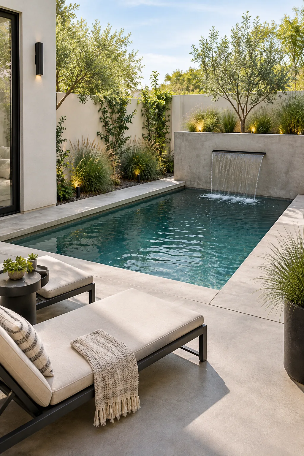 Minimalist pool with smooth gray concrete decking and matte black fixtures.