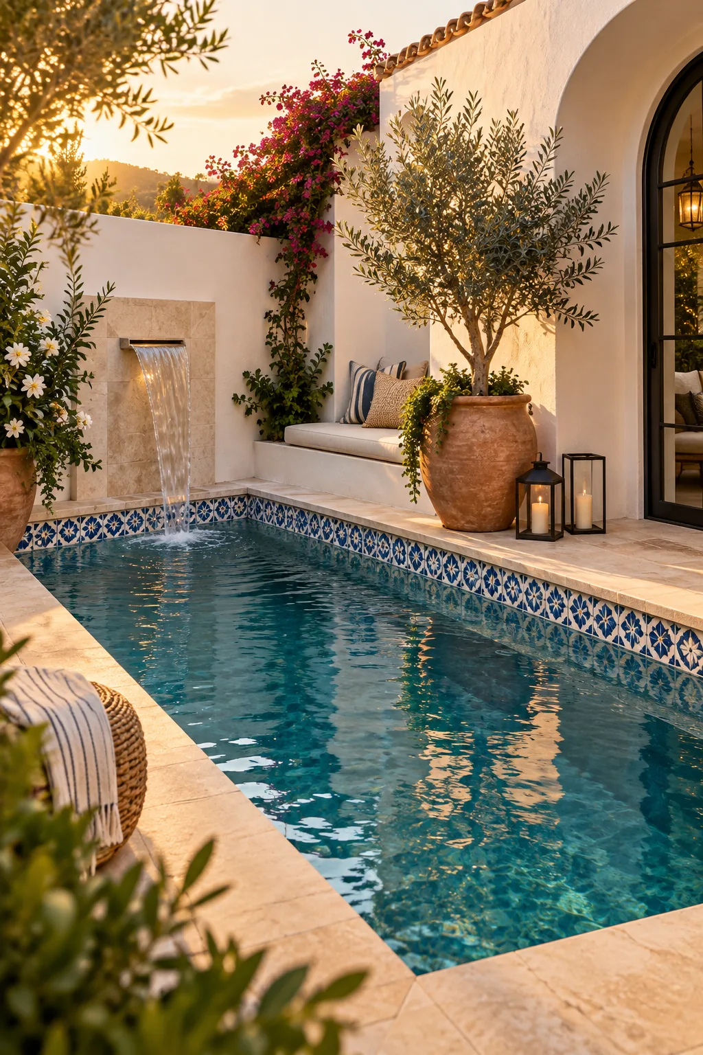 Courtyard pool with patterned blue waterline tile and white stucco walls.