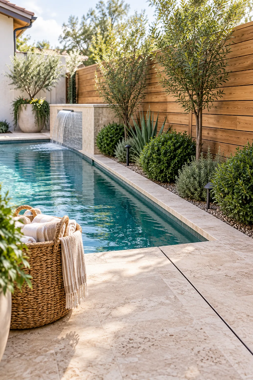Narrow planter bed with small green shrubs between a pool edge and a wooden fence.