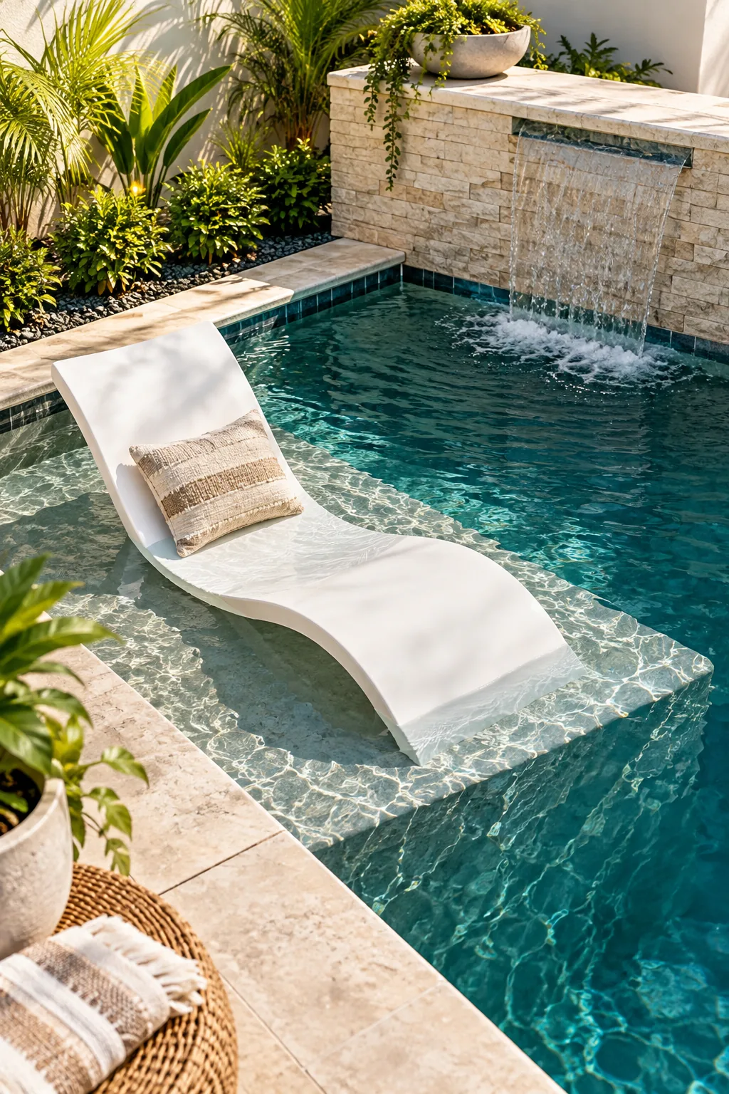 White curved pool lounger sitting on a shallow submerged stone ledge.