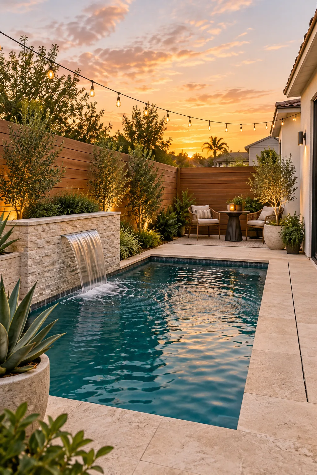 Wooden slatted enclosure built against a stucco wall near the pool.