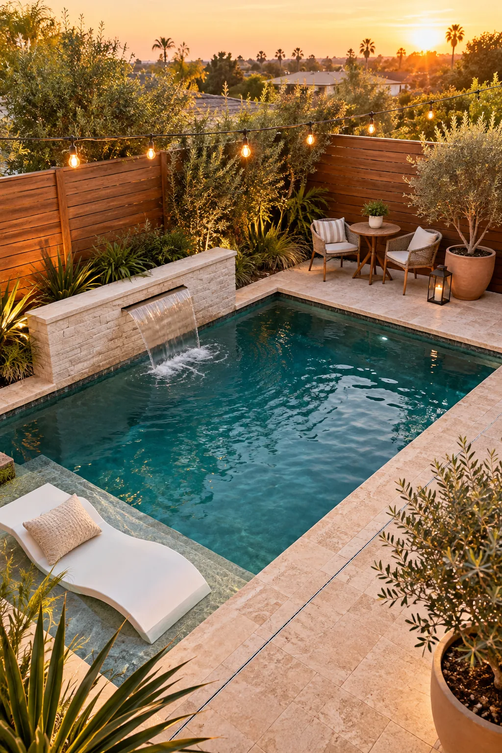 Horizontal stained wood privacy fence running parallel to the pool water.