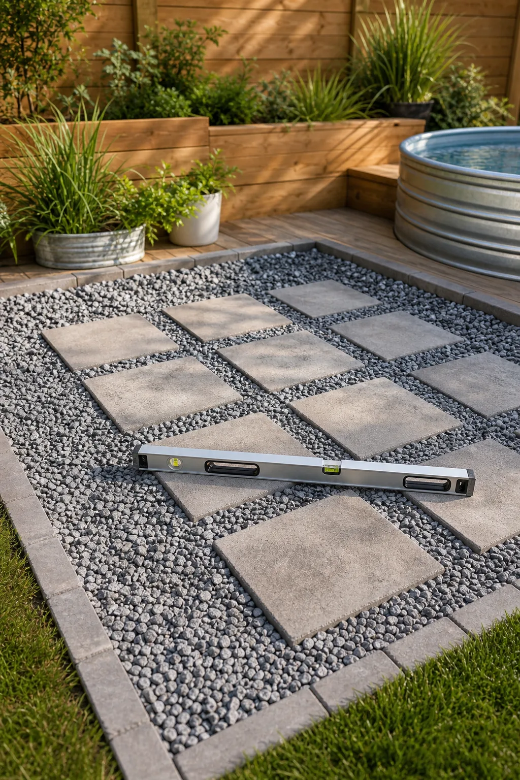 A crushed stone leveling base with concrete pavers and an aluminum level resting on top.