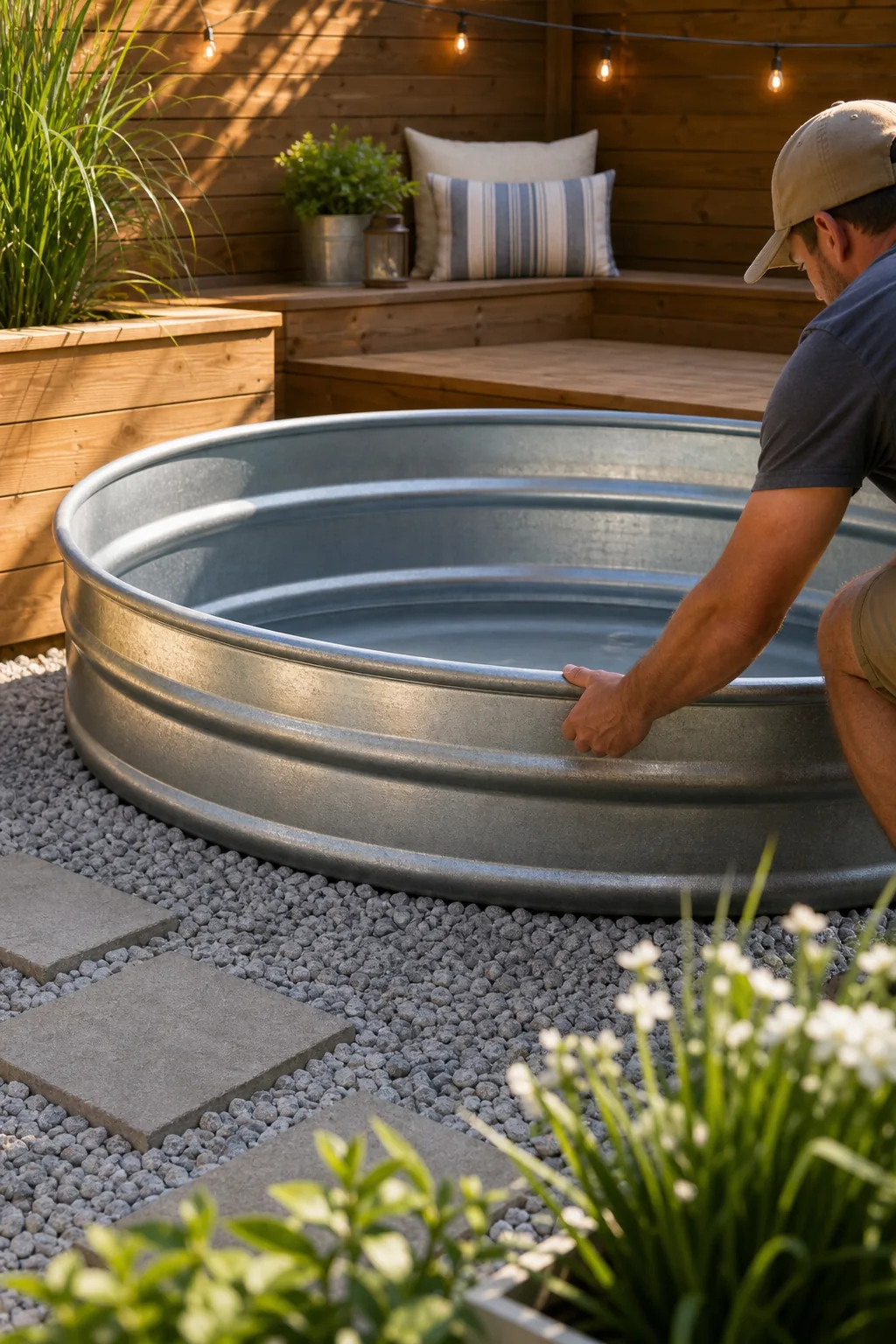 An 8-foot galvanized steel stock tank being positioned on a gravel base.