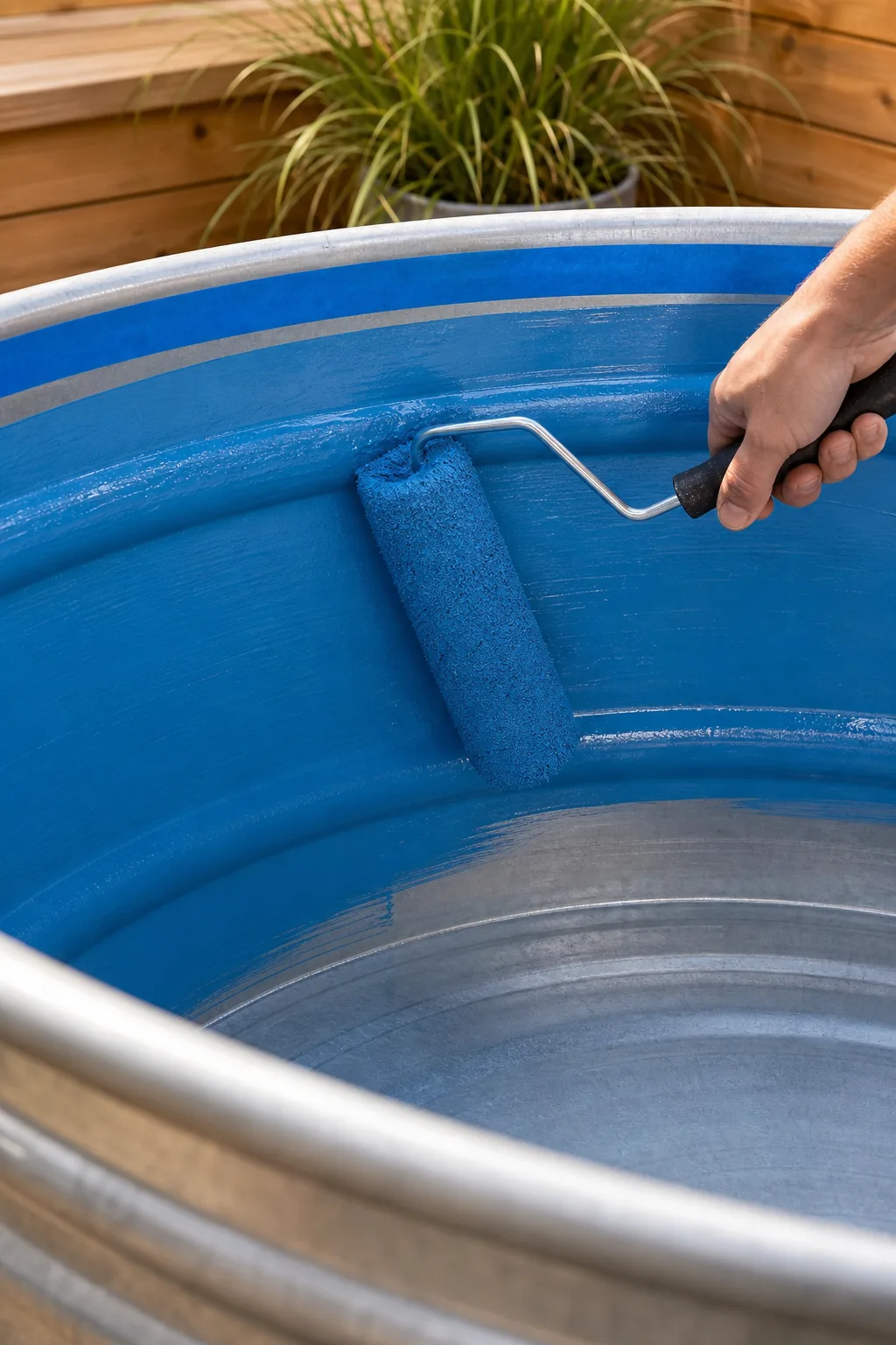 A paint roller applying blue rust-proof epoxy to the inside of a metal stock tank.
