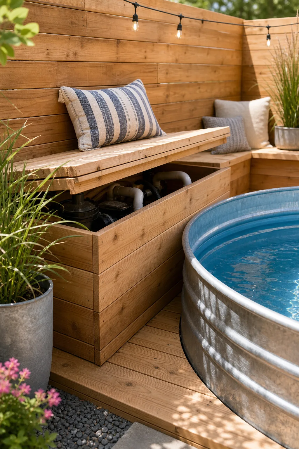 A wooden bench box with its lid slightly open revealing pool pump hoses inside.