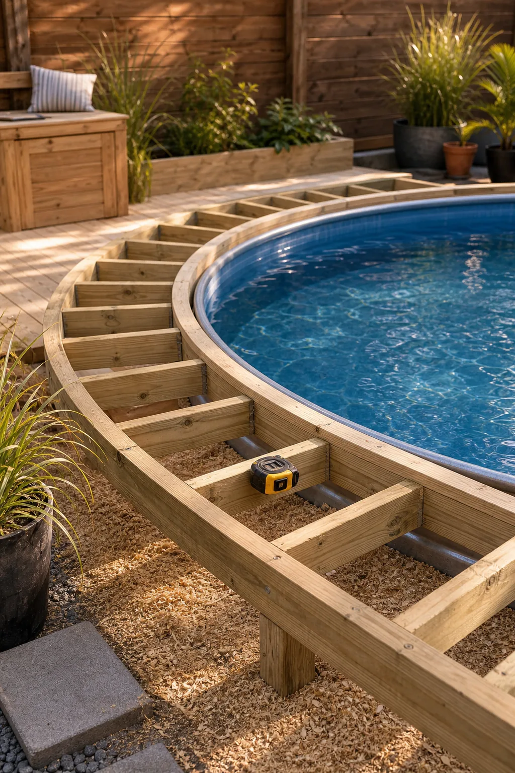 Wooden 2x4 deck framing built around the curved edge of a metal stock tank.