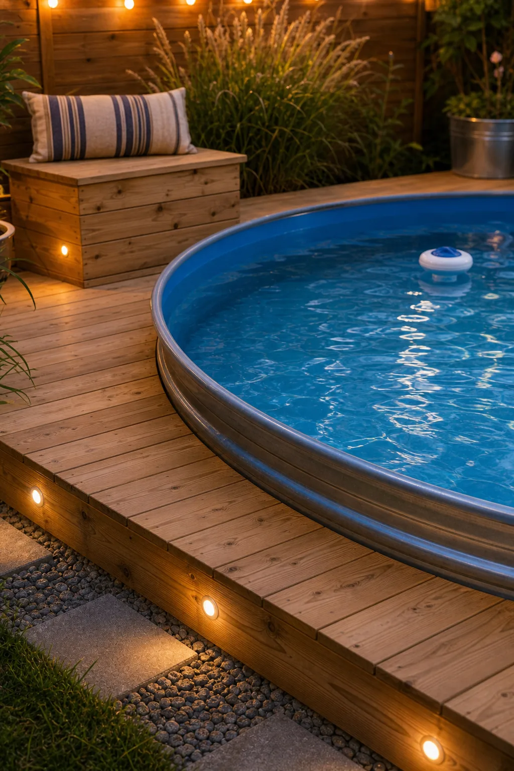 Finished cedar deck boards with glowing LED step lights next to a stock tank pool.