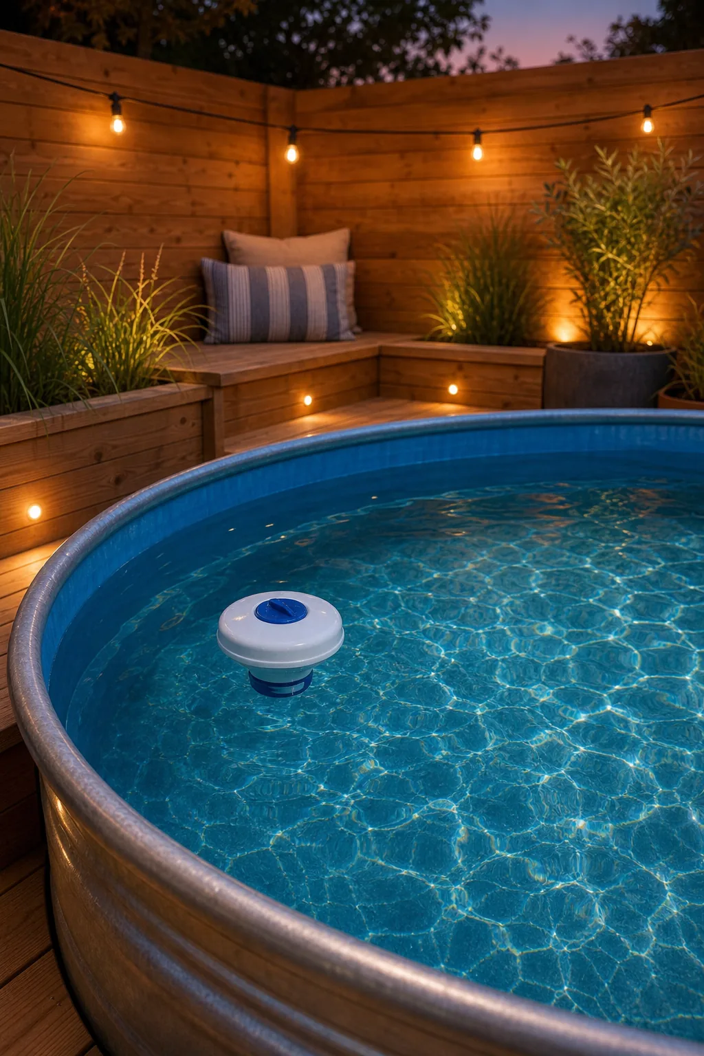 Clear blue pool water in a stock tank with a floating white chlorine dispenser.