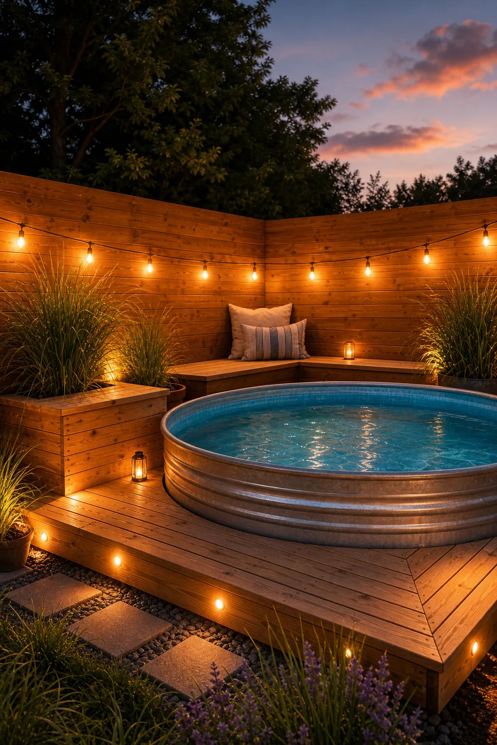 A finished stock tank pool oasis at dusk with a wooden deck and string lights.