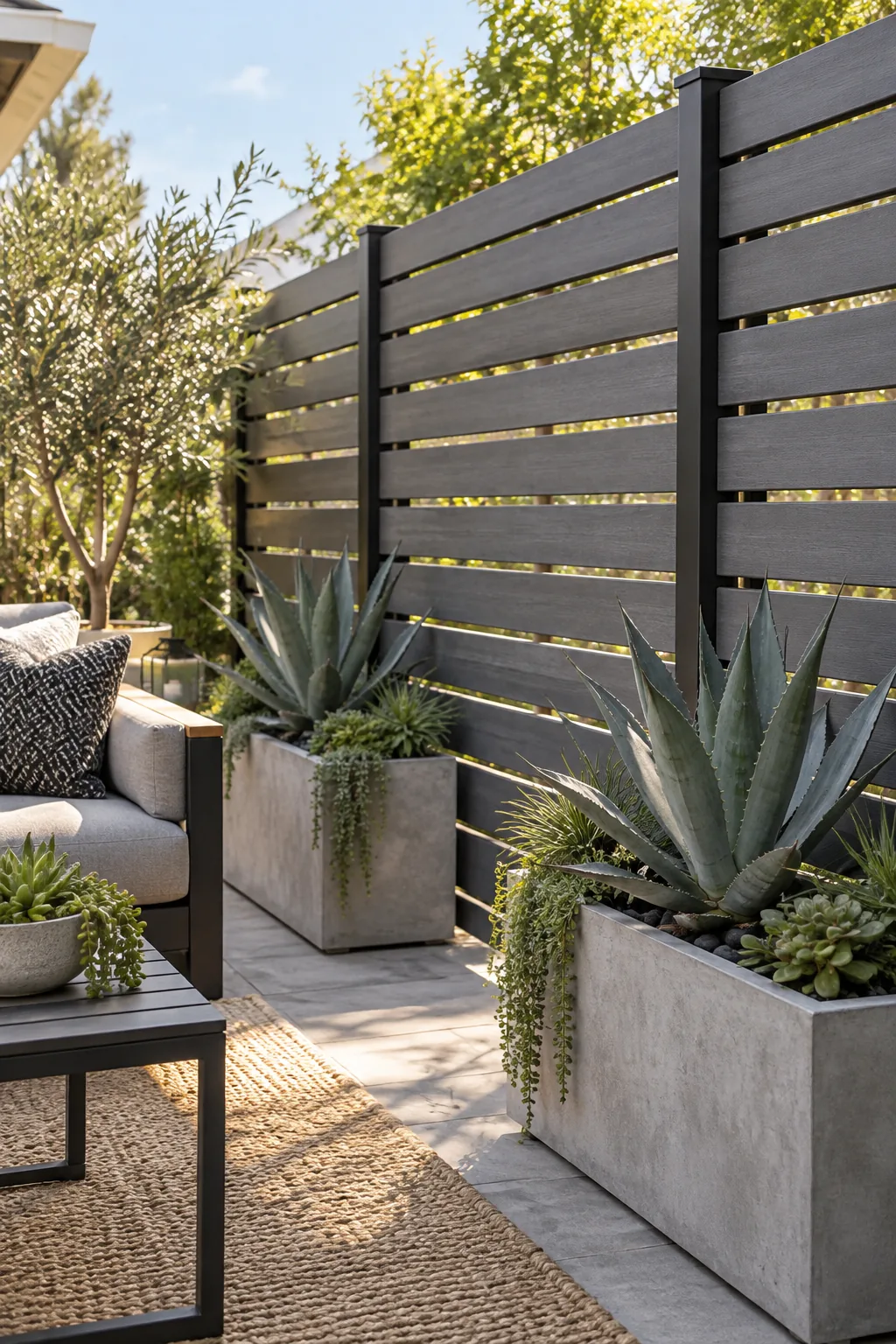 A modern slate grey slatted privacy screen decorated with black hardware and potted succulents.